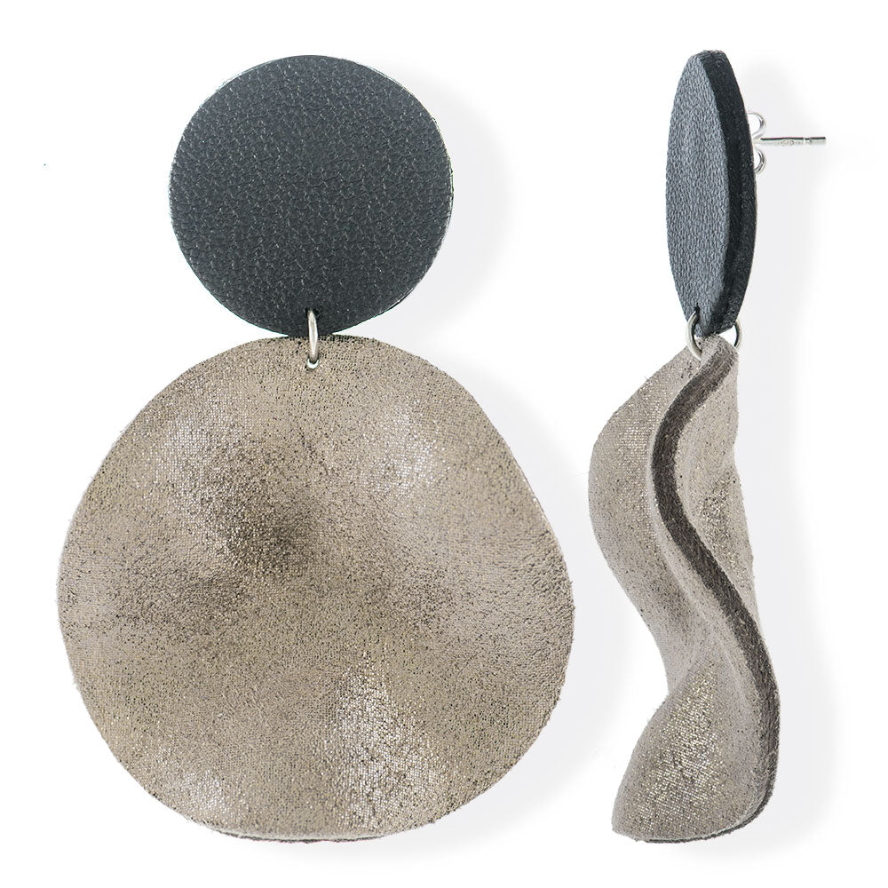 Handmade Leather Earrings Black & Pastel Gray Big Waves - Anthos Crafts