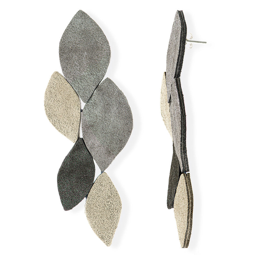 Handmade Leather Earrings Silver & Pastel Gray Leaves - Anthos Crafts