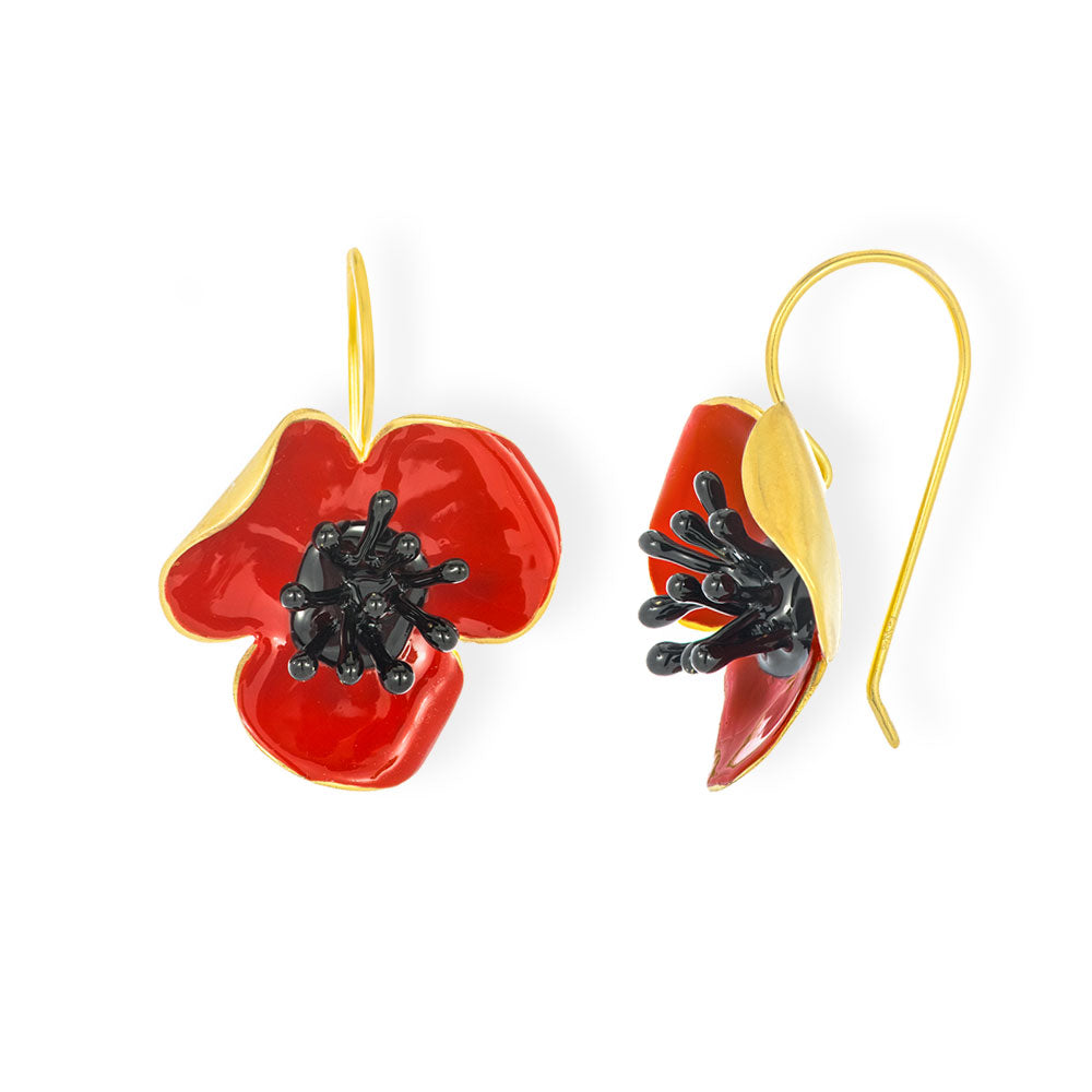 Handmade Gold Plated Red Poppy Drop Earrings - Anthos Crafts