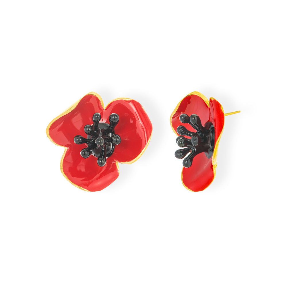 Handmade Gold Plated Red Poppy Stud Earrings - Anthos Crafts