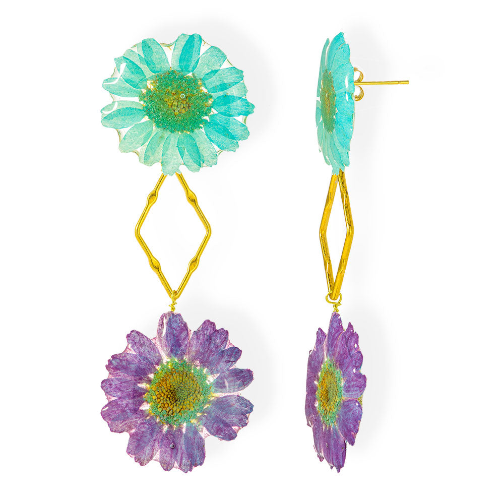 Flower Earrings Made From Turquoise & Purple Daisy Petals - Anthos Crafts