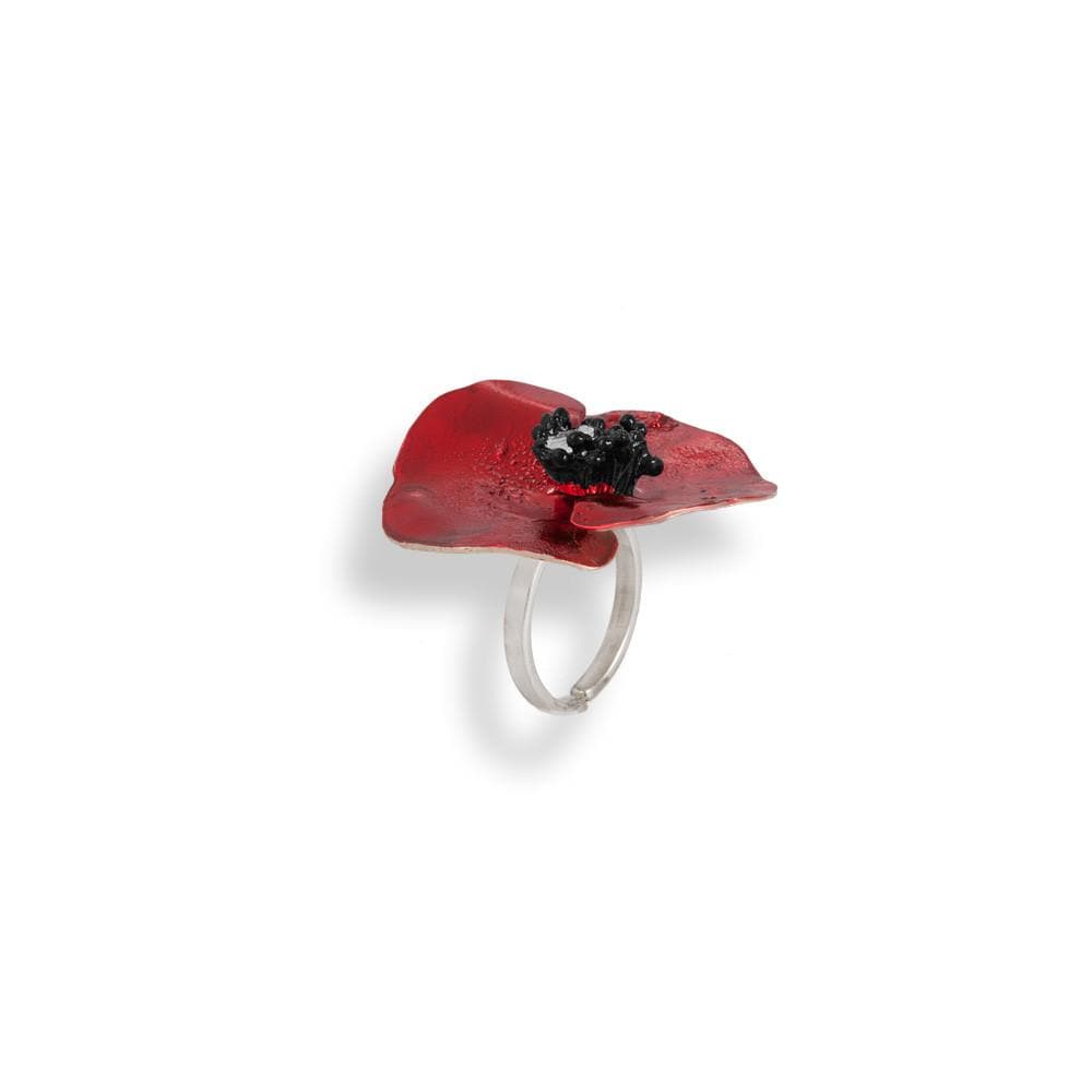 Handmade Sterling Silver Red Poppy Flower Ring - Anthos Crafts