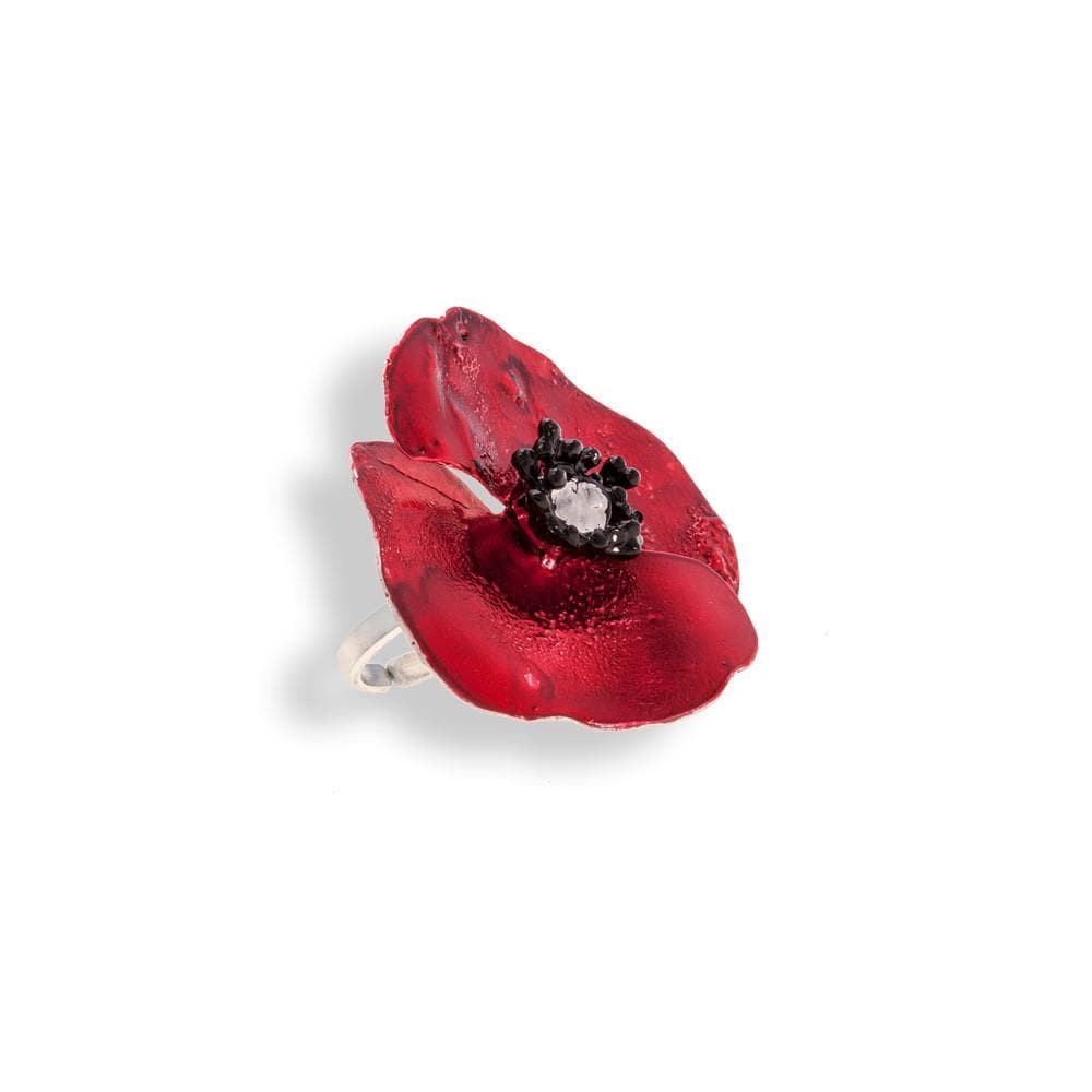 Handmade Sterling Silver Red Poppy Flower Ring - Anthos Crafts