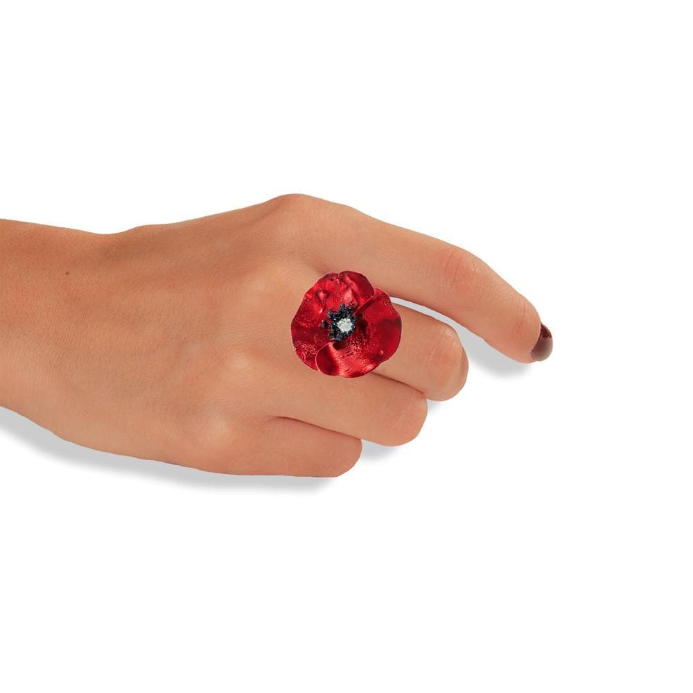 Handmade Sterling Silver Impressive Red Poppy Flower Ring - Anthos Crafts
