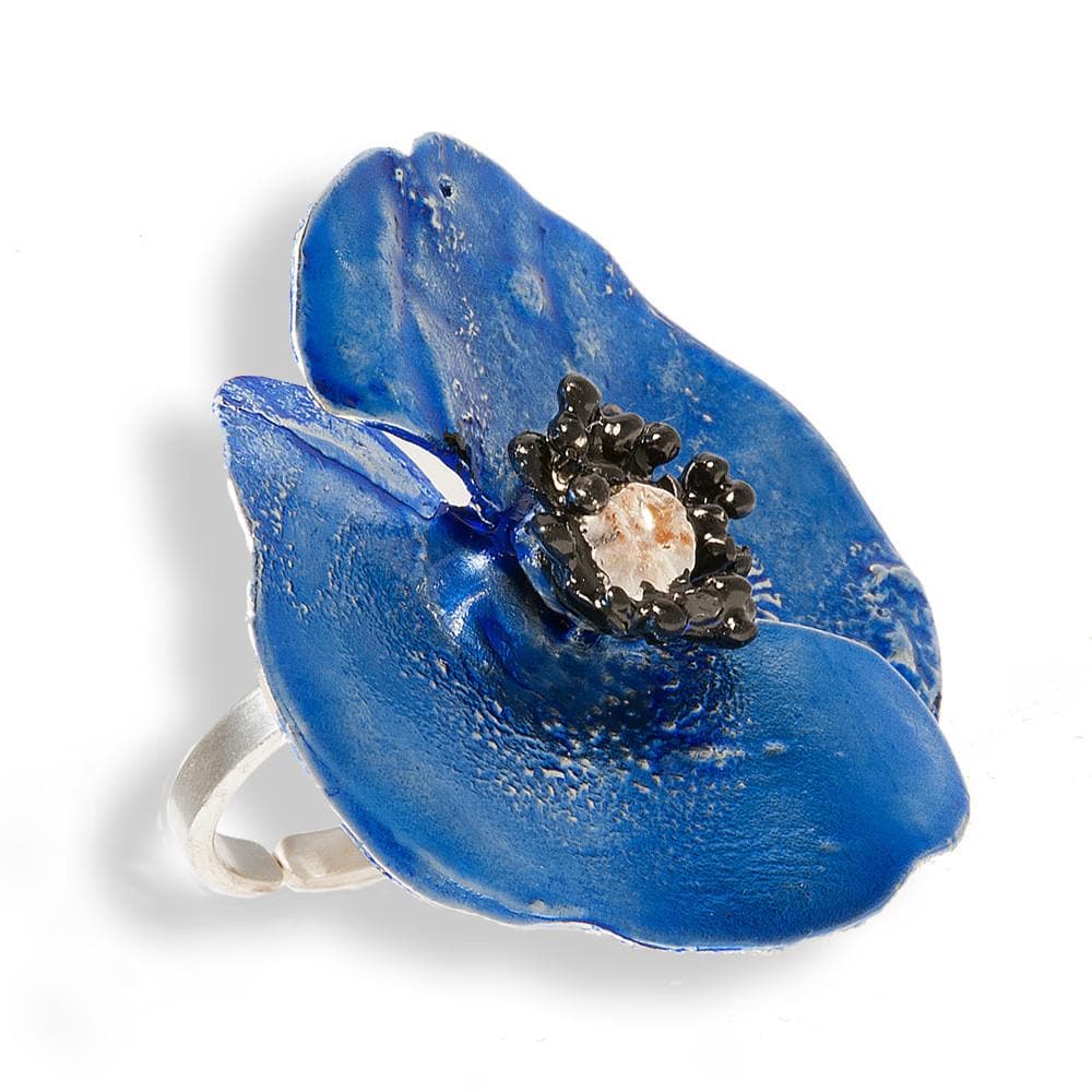 Handmade Sterling Silver Impressive Sky Blue Poppy Flower Ring - Anthos Crafts