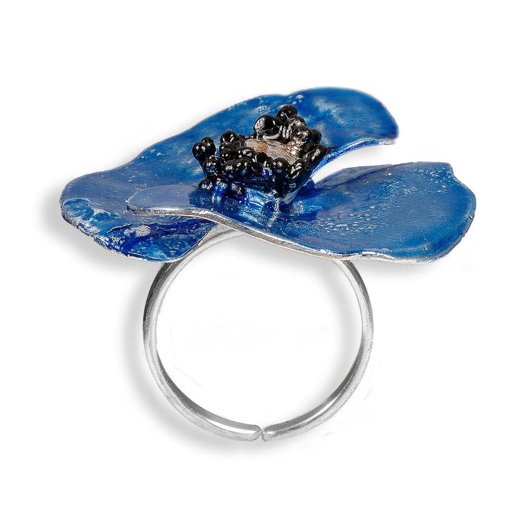 Handmade Sterling Silver Impressive Sky Blue Poppy Flower Ring - Anthos Crafts