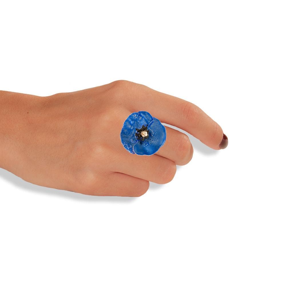 Handmade Sterling Silver Impressive Sky Blue Poppy Flower Ring - Anthos Crafts