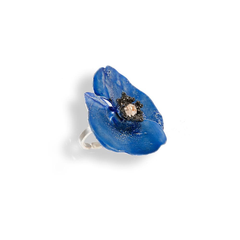 Handmade Sterling Silver Sky Blue Poppy Flower Ring - Anthos Crafts
