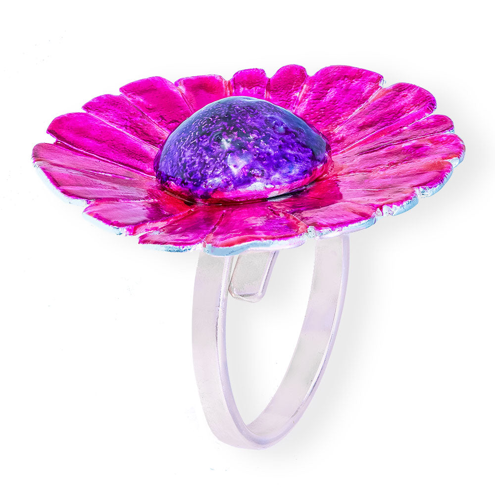 Handmade Silver Purple Fuchsia Daisy Flower Ring - Anthos Crafts