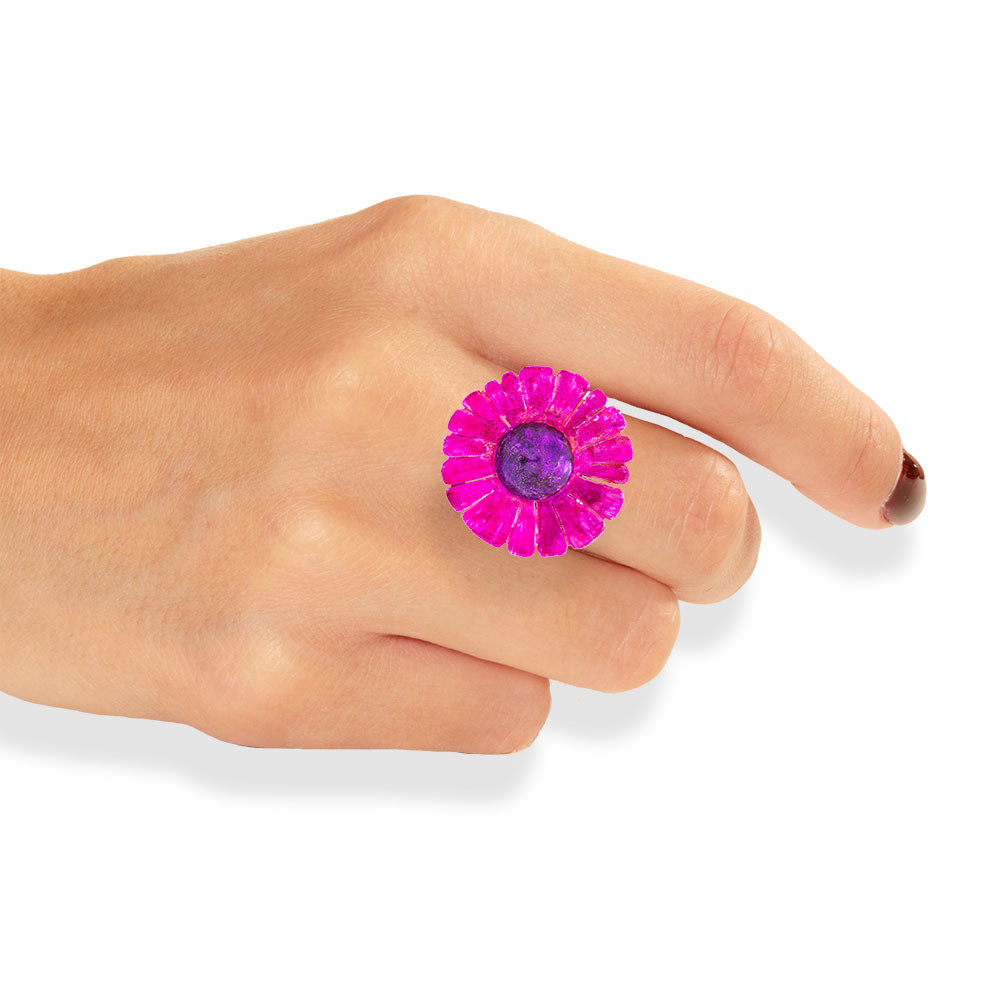 Handmade Silver Purple Fuchsia Daisy Flower Ring - Anthos Crafts