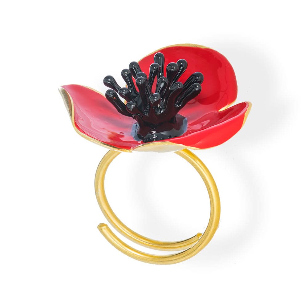 Handmade Gold Plated Red Poppy Flower Ring - Anthos Crafts