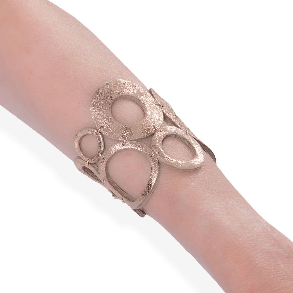 Handmade Leather Sparkling Rose Gold Rings Bracelet - Anthos Crafts