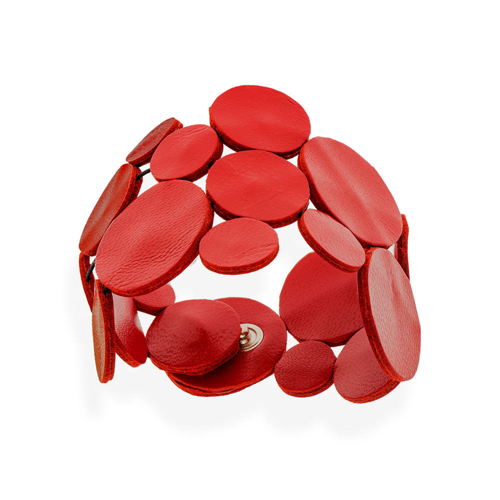 Handmade Leather Red Asymmetric Circles Bracelet - Anthos Crafts