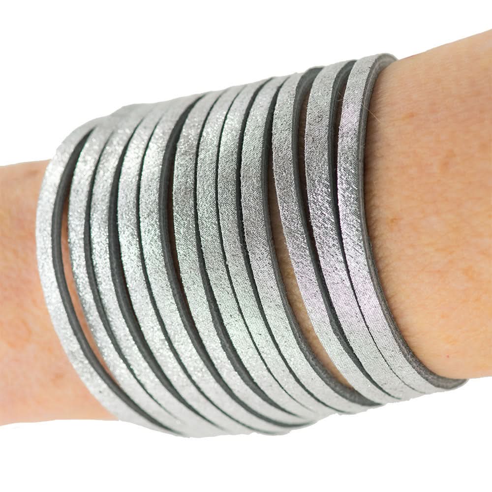 Handmade Leather Bracelet Sparkling Silver Fringes - Anthos Crafts