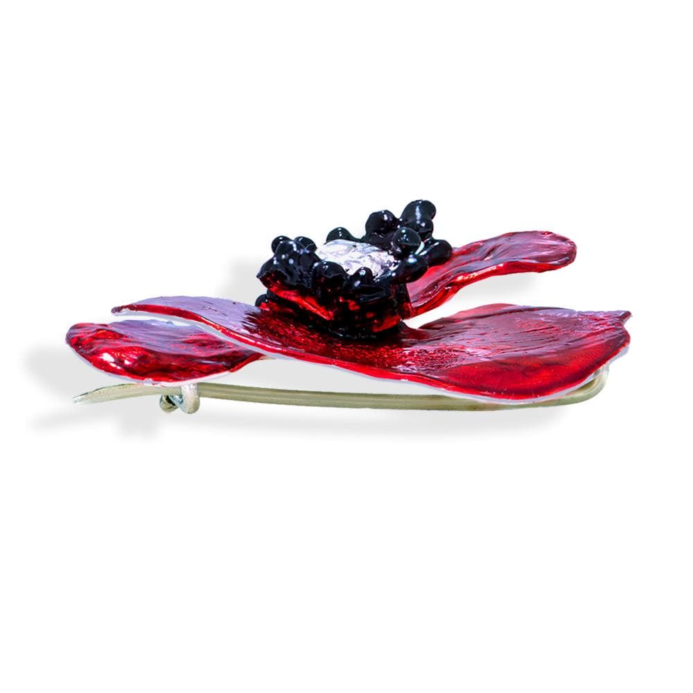 Handmade Silver Red Poppy Flower Brooch - Anthos Crafts
