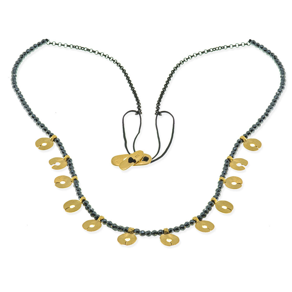 Handmade Short Necklace With Gold Plated Silver Coins & Hematite Stones - Anthos Crafts