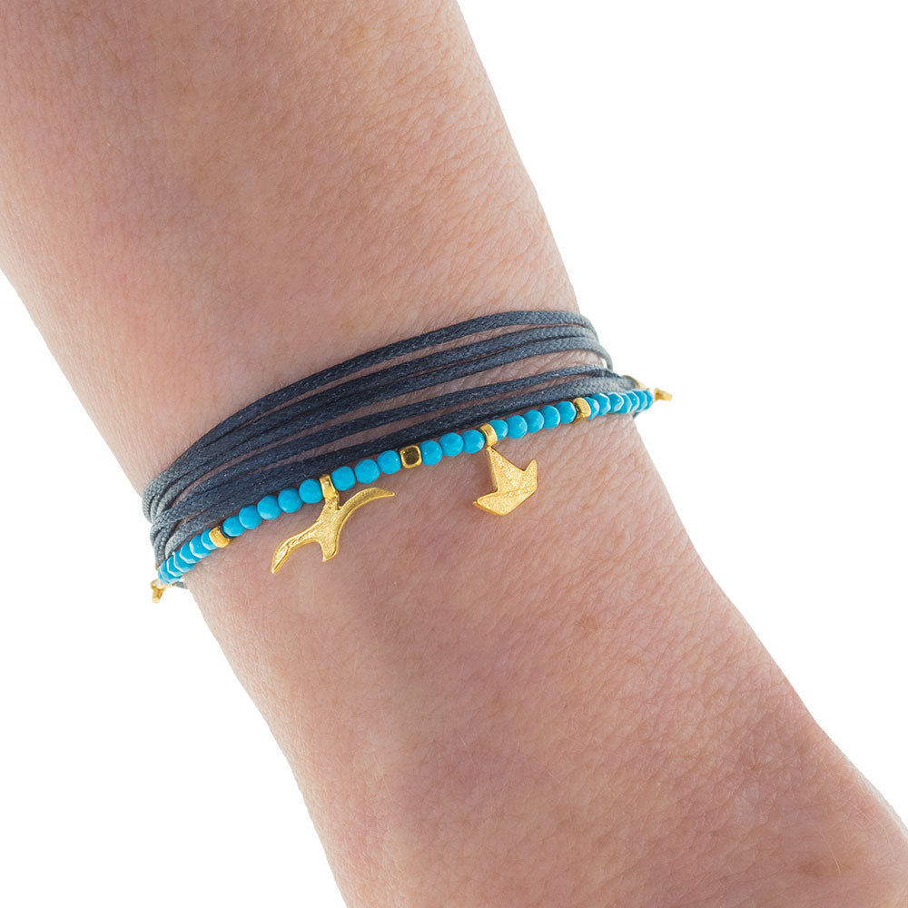 Handmade Bracelet With Gold Plated Silver Seegull And Boat & Turquoise Stones - Anthos Crafts