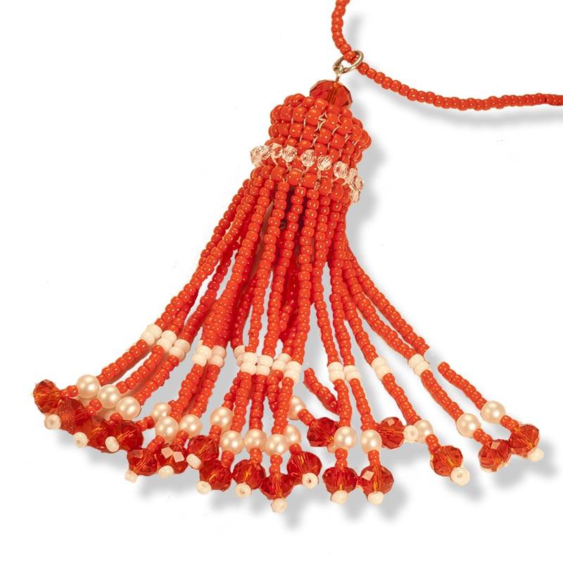 Handmade Orange and Pearl Beaded Tassel Necklace - Anthos Crafts