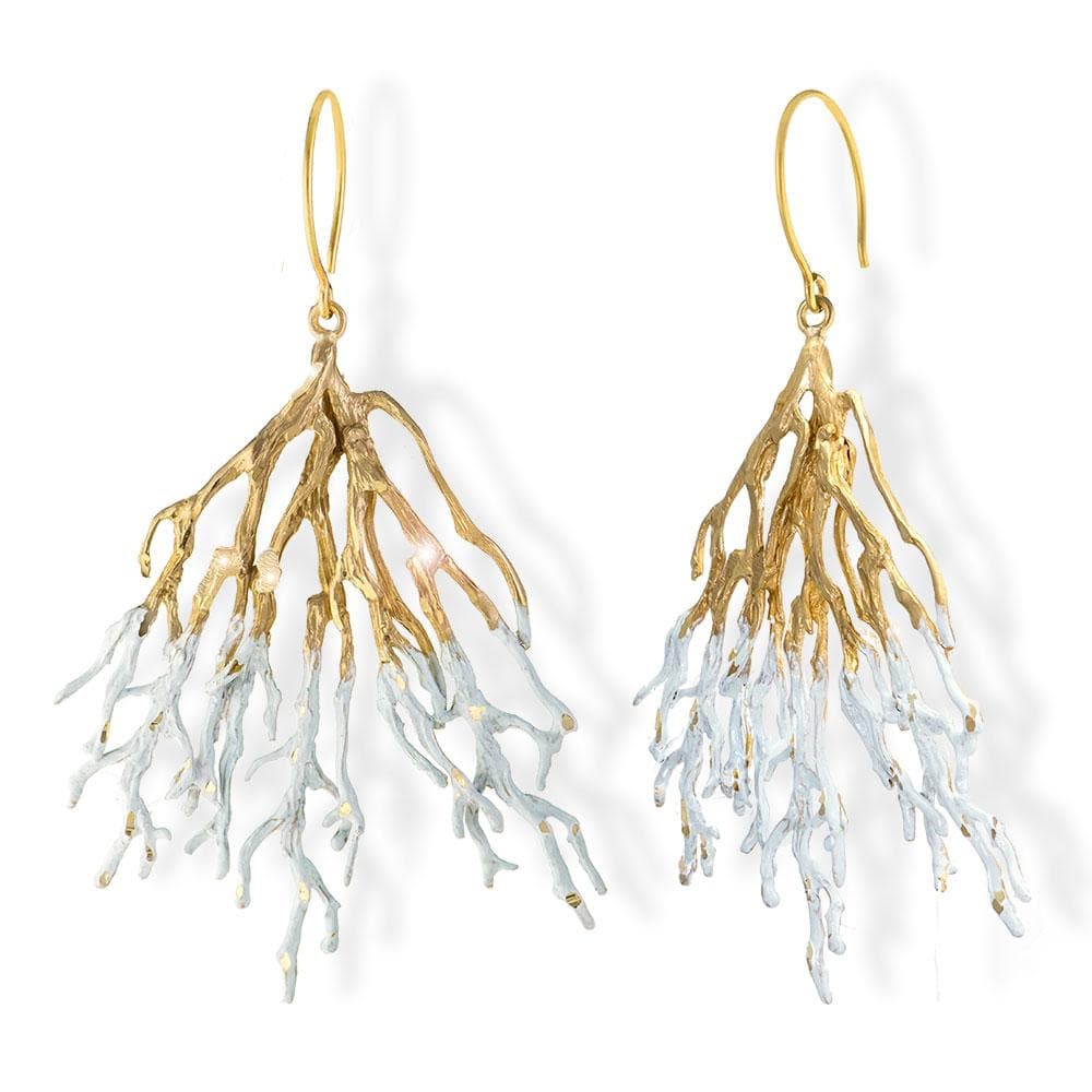 Handmade Gold White Sparkling Long Coral Earrings - Anthos Crafts