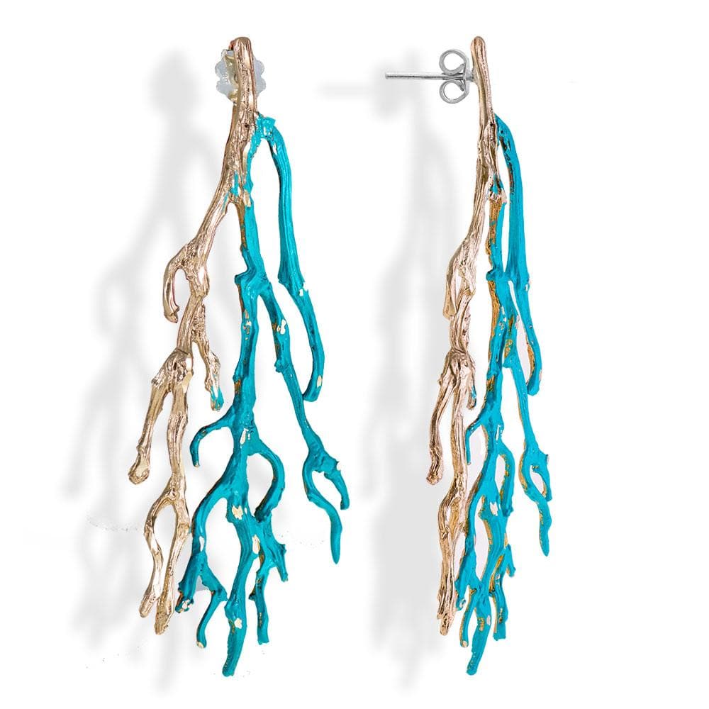 Handmade Bronze Turquoise Sparkling Long Coral Drop Earrings - Anthos Crafts