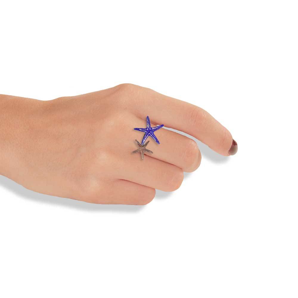 Handmade Bronze Silver Blue Double Starfish Ring - Anthos Crafts