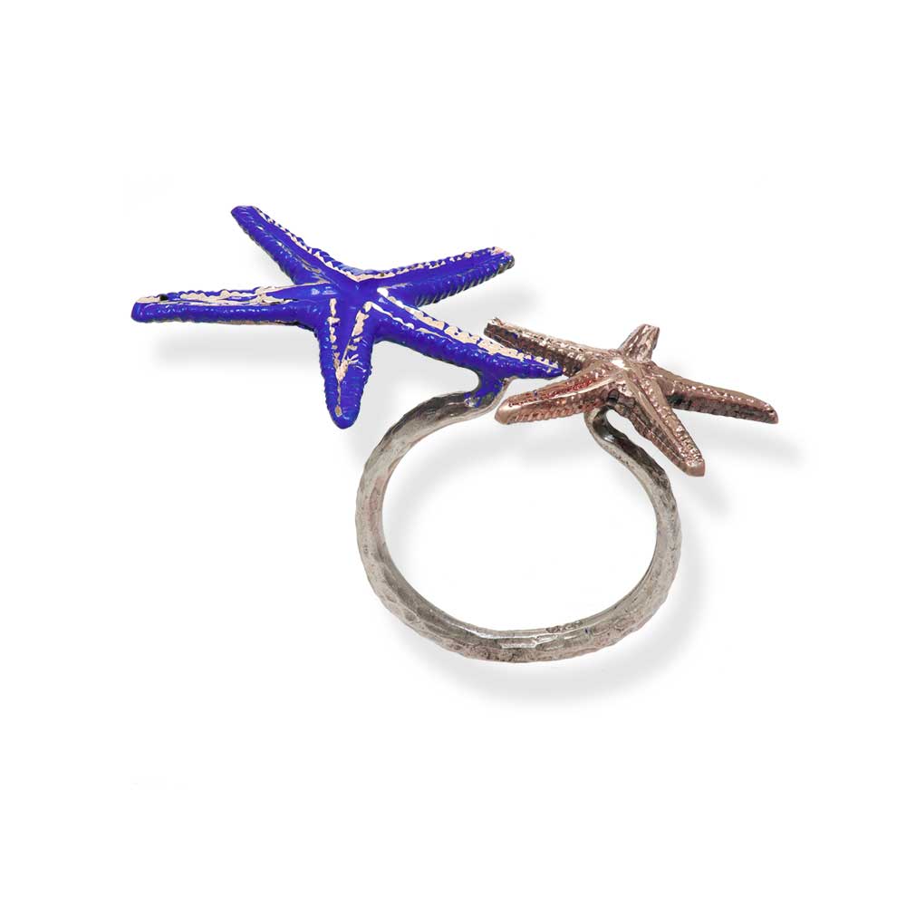 Handmade Bronze Silver Blue Double Starfish Ring - Anthos Crafts