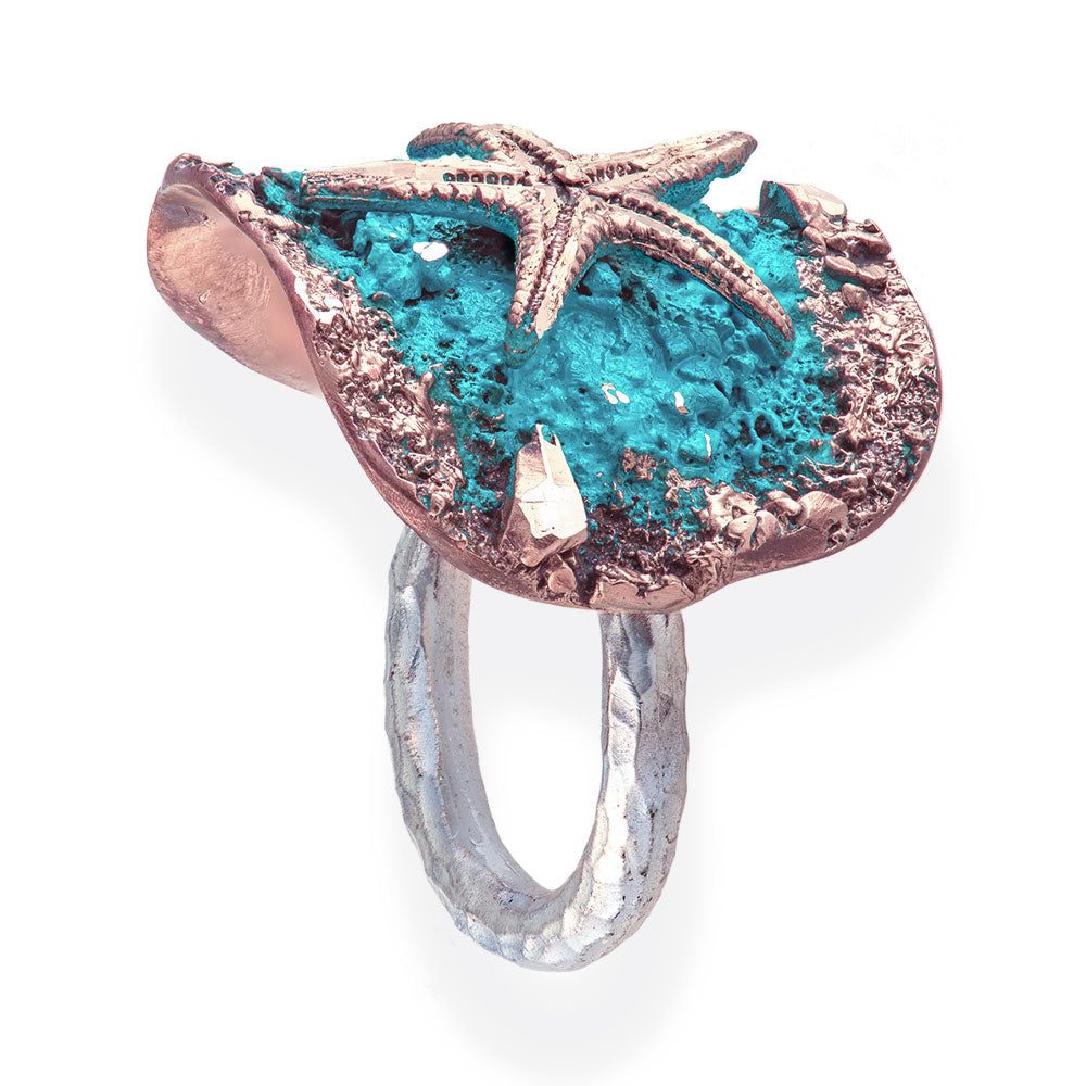 Handmade Bronze Turquoise Shimmering Starfish Silver Ring - Anthos Crafts