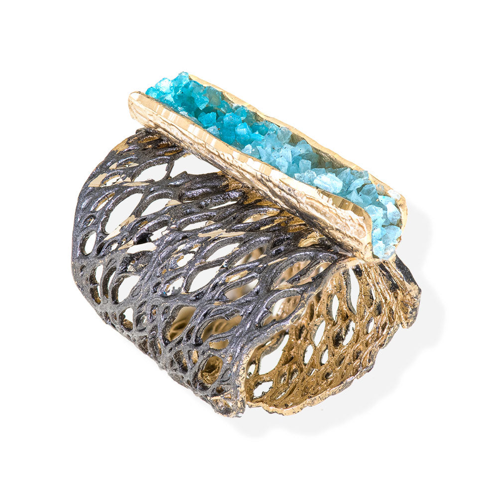 Handmade Diamond Curved Black Plated Bronze Ring With Turquoise Crystals - Anthos Crafts