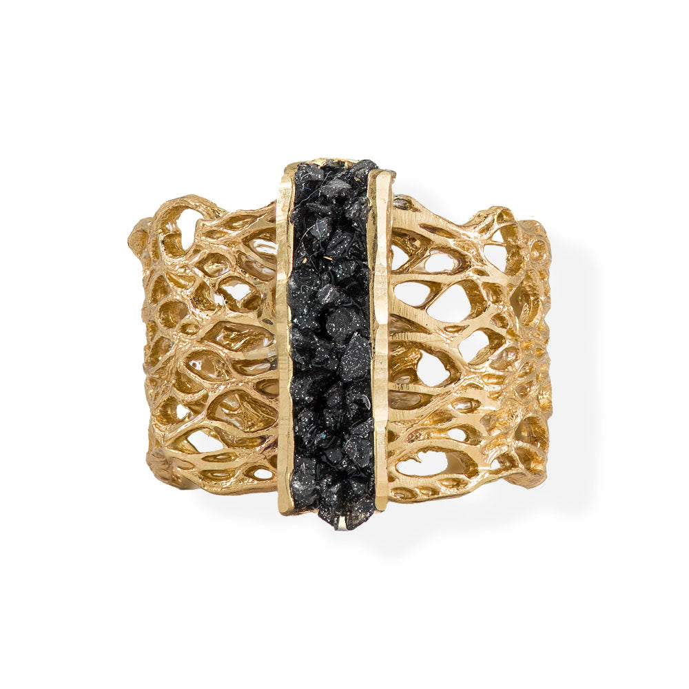 Handmade Diamond Curved Gold Plated Ring With Black Crystals - Anthos Crafts