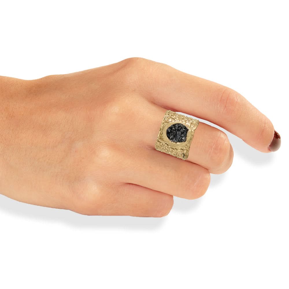 Handmade Gold Plated Bronze Ring Diamond Curved With Black Crystals - Anthos Crafts