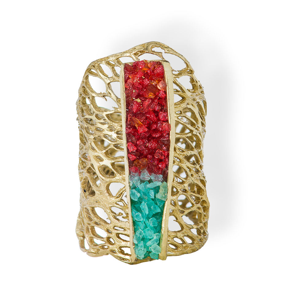 Handmade Gold Plated Ring Diamond Curved With Aqua &amp; Magenta Crystals - Anthos Crafts