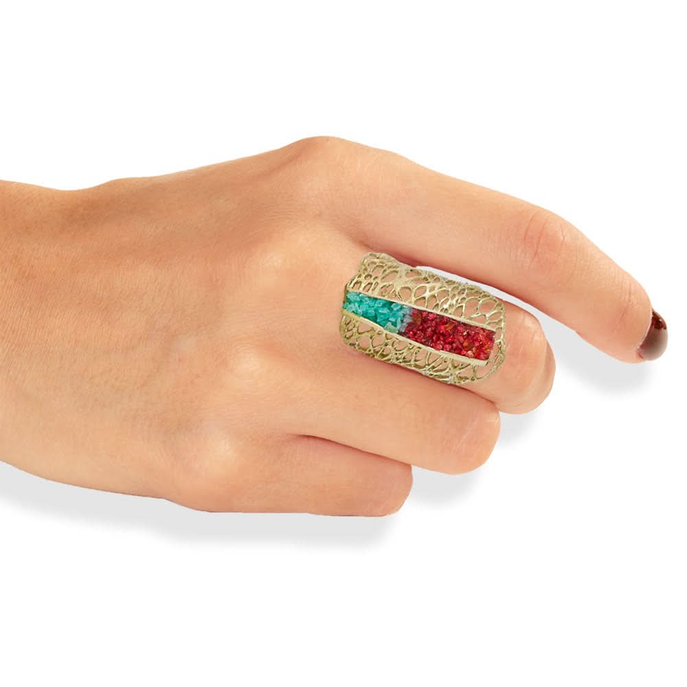 Handmade Gold Plated Ring Diamond Curved With Aqua & Magenta Crystals - Anthos Crafts