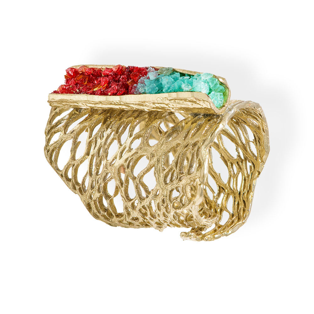Handmade Gold Plated Ring Diamond Curved With Aqua & Magenta Crystals - Anthos Crafts