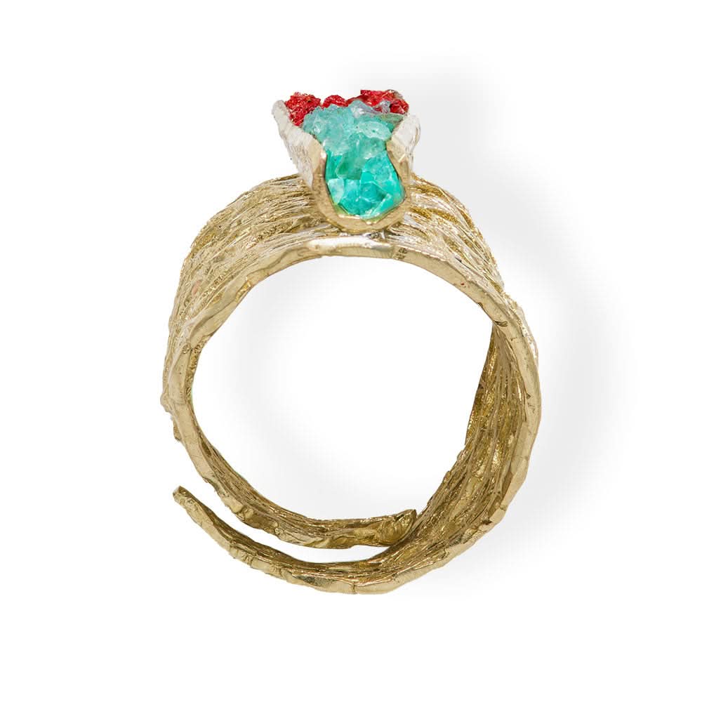 Handmade Gold Plated Ring Diamond Curved With Aqua &amp; Magenta Crystals - Anthos Crafts