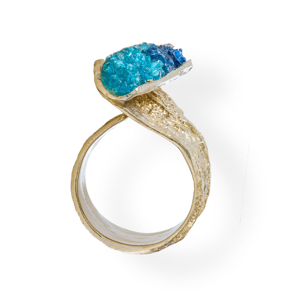 Handmade Gold Plated Ring Diamond Curved With Blue Crystals - Anthos Crafts