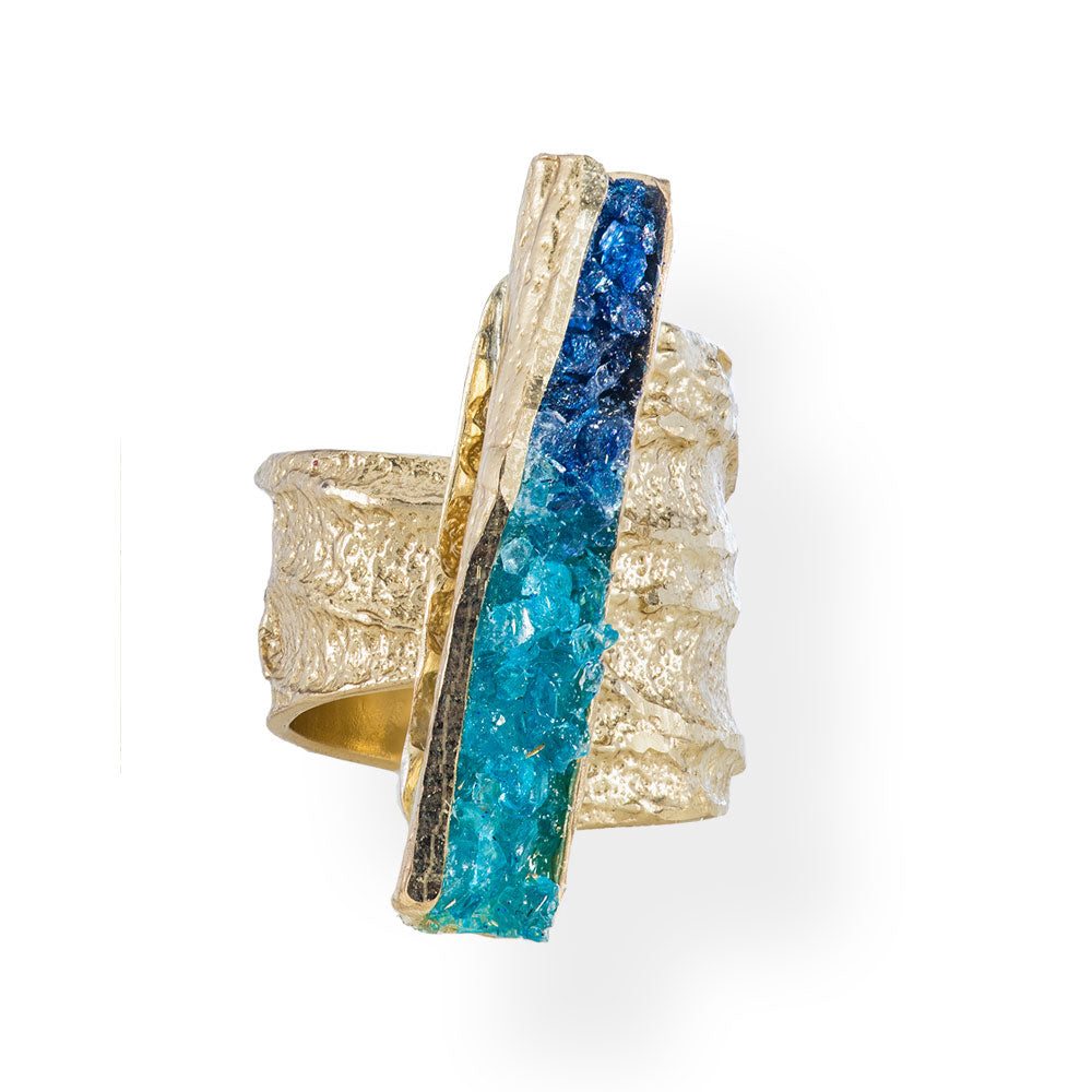 Handmade Gold Plated Ring Diamond Curved With Blue Crystals - Anthos Crafts
