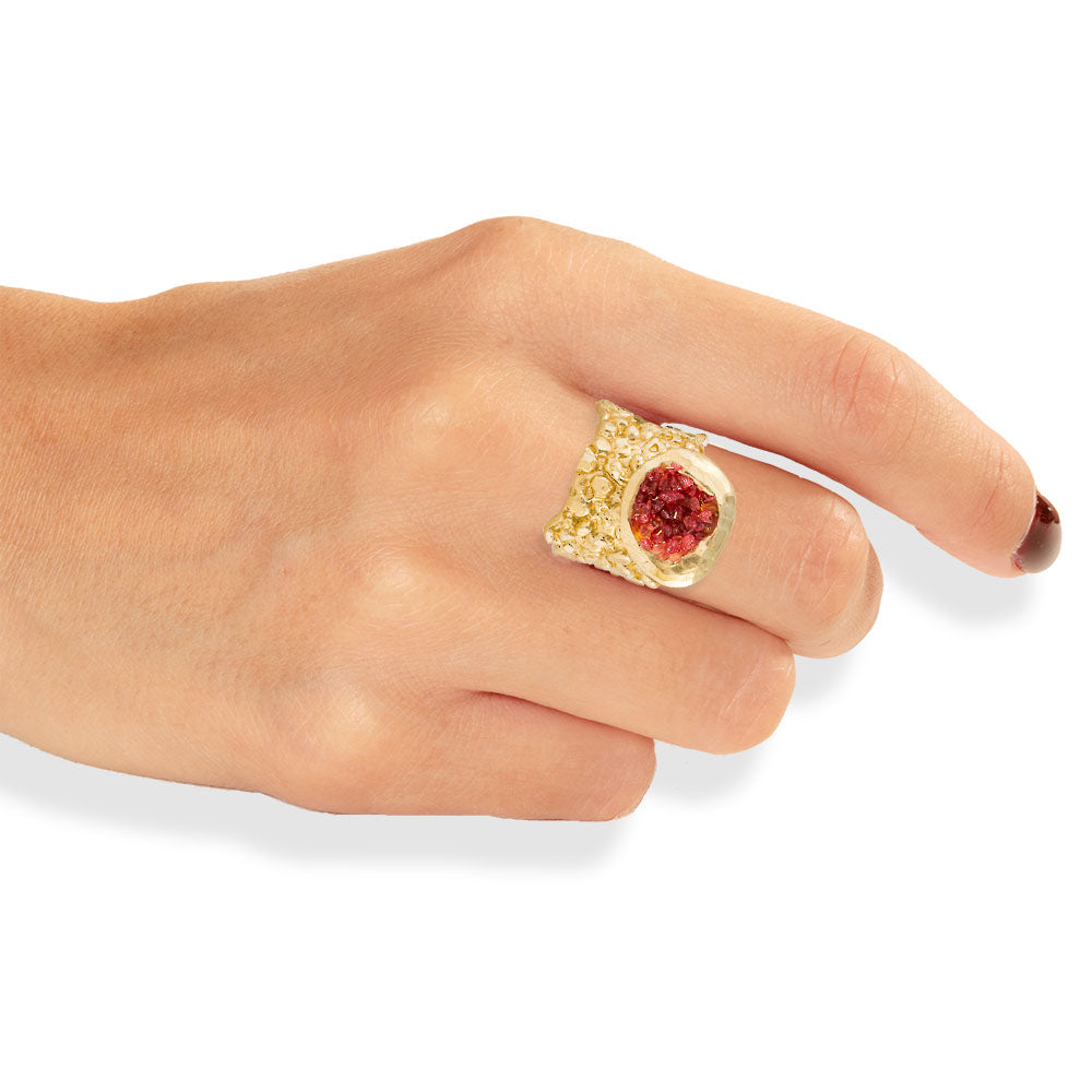 Handmade Gold Plated Ring Diamond Curved With Magenta Crystals - Anthos Crafts