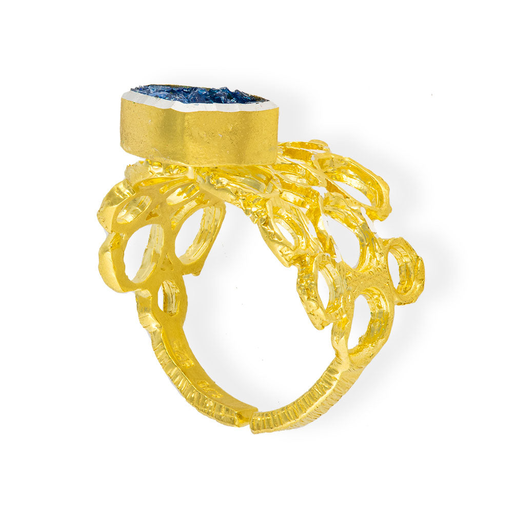 Handmade Gold Plated Silver Diamond Curved Ring With Blue Crystals - Anthos Crafts