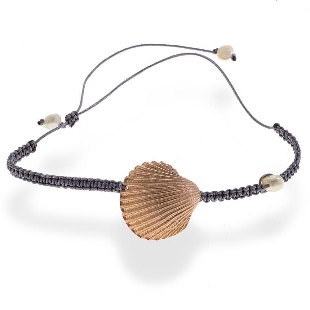 Handmade Macrame Gray Bracelet With A Rose Gold Plated Seashell and Pearls - Anthos Crafts