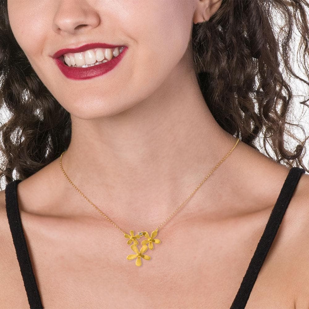 Handmade Short Gold Plated Silver Necklace Little Flowers With Zircon - Anthos Crafts