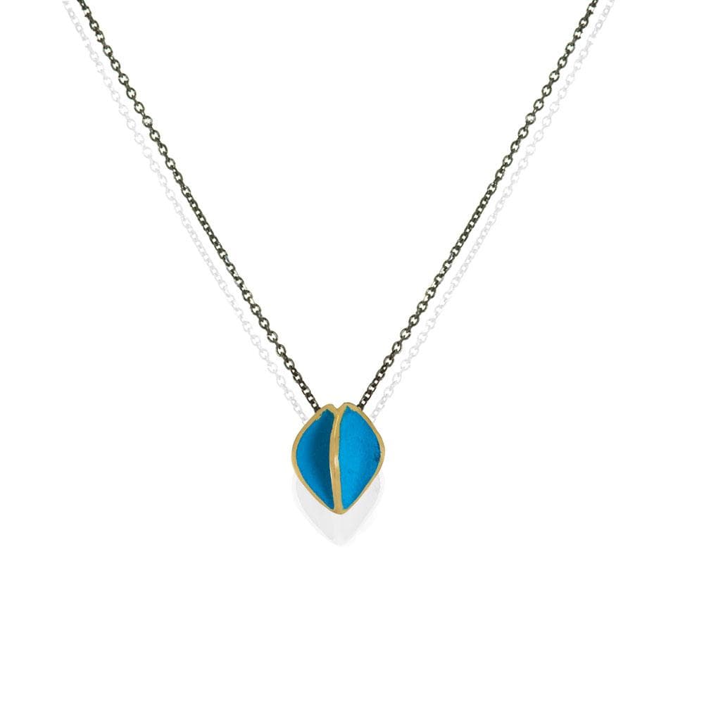 Short Black Silver Chain Necklace With Gold Plated Turquoise Pendant - Anthos Crafts