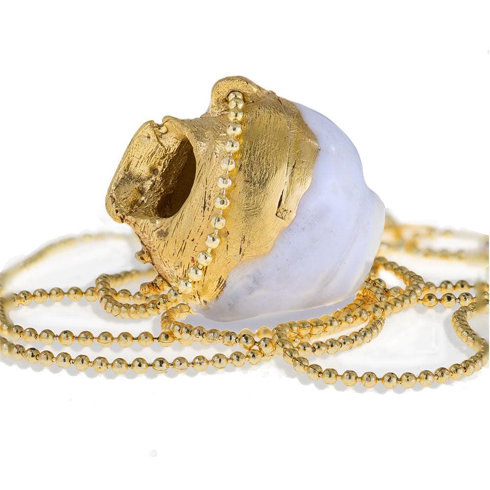 Handmade Long Pendant Necklace Gold Plated Ancient Greek Broken Kanata (pot) With White Enamel - Anthos Crafts