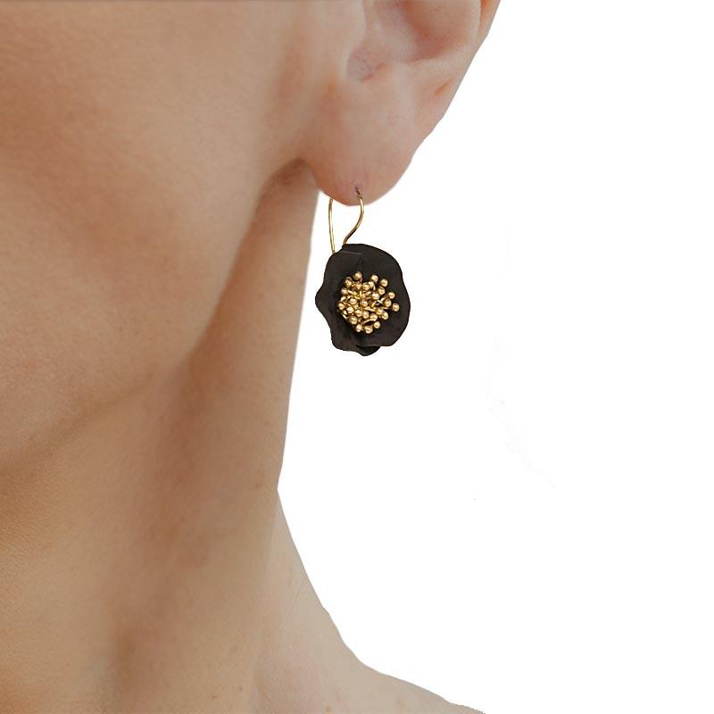 Handmade Gold Plated Silver Black Flower Earrings - Anthos Crafts