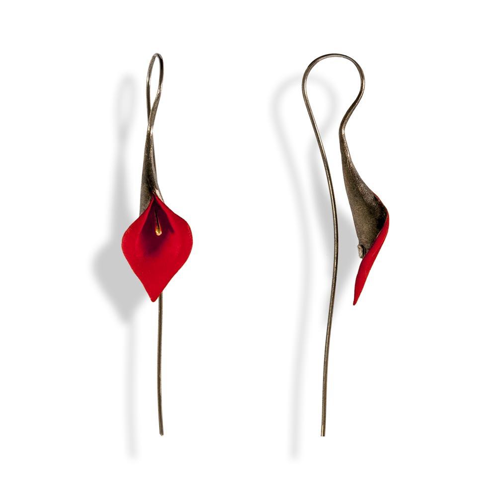Handmade Black Plated Silver Red Lily Drop Earrings - Anthos Crafts