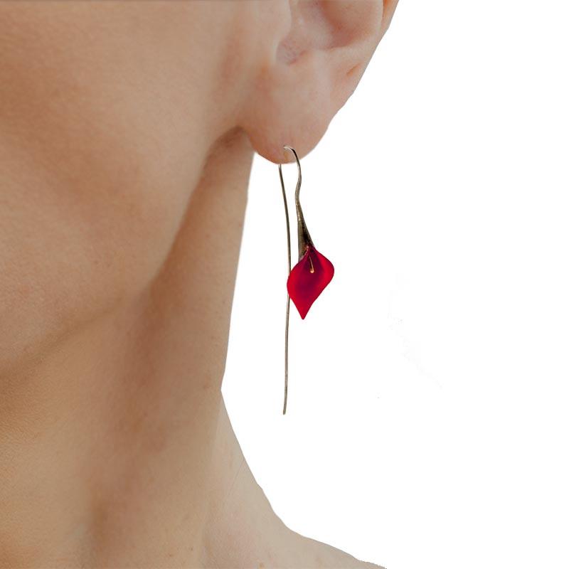 Handmade Black Plated Silver Red Lily Drop Earrings - Anthos Crafts