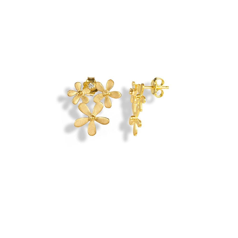 Handmade Gold Plated Silver Stud Earrings Little Flowers With Zircons - Anthos Crafts