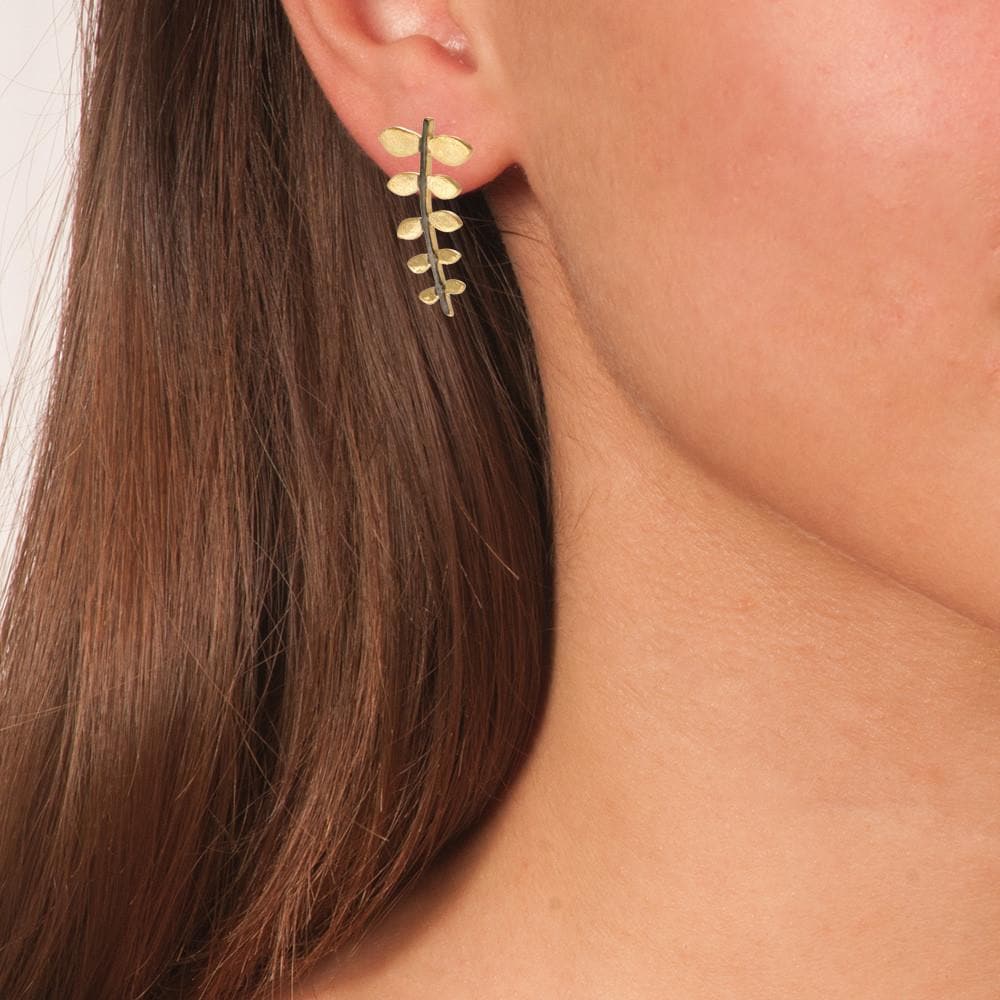 Handmade Gold Plated Silver Drop Earrings Leaves with Black Plated Stem - Anthos Crafts