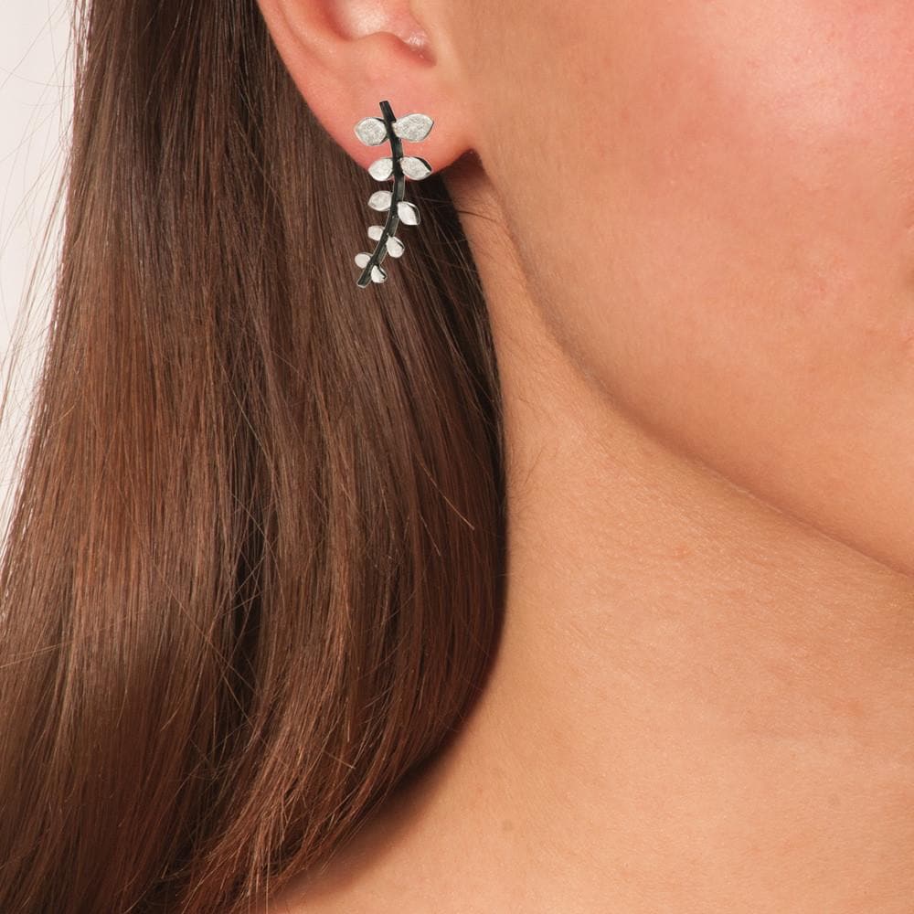 Handmade Silver Drop Earrings Leaves with Black Plated Stem - Anthos Crafts