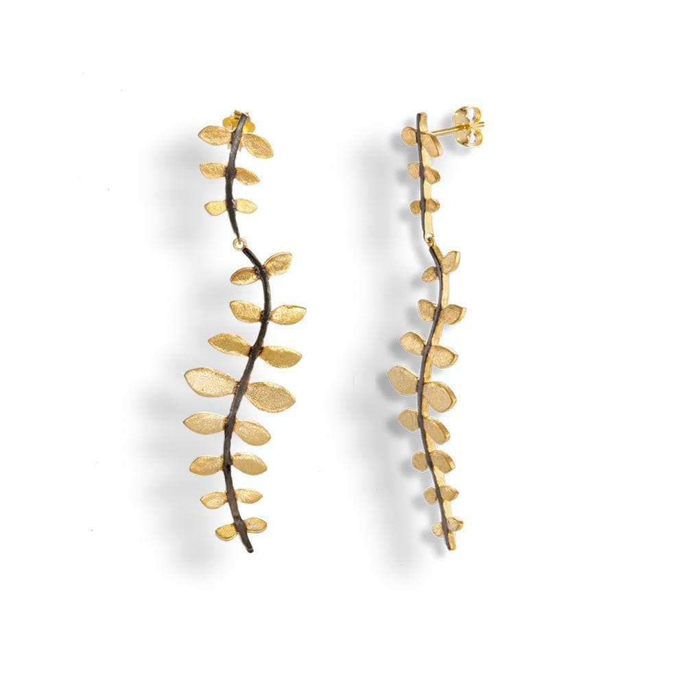 Handmade Gold Plated Silver Long Dangle Earrings Leaves with A Black Plated Stem - Anthos Crafts