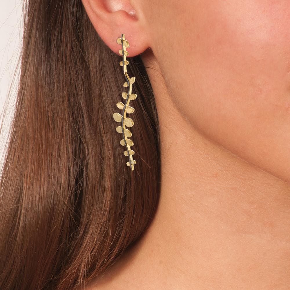 Handmade Gold Plated Silver Long Dangle Earrings Leaves with A Black Plated Stem - Anthos Crafts